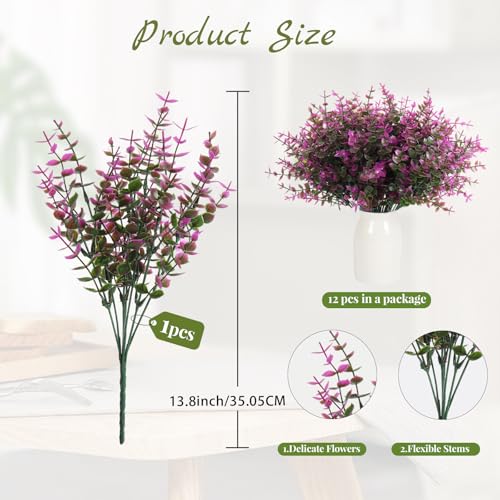 RECUTMS 12 Bundles Artificial Flowers Outdoor Faux Plastic Plants Artificial Eucalyptus UV Resistant Fake Plants Greenery Stems for Outside Spring Garden Porch Wedding Party Fireplace Décor(Fuchsia) - color: Fuchsia Eucalyptus, size: 12 Pcs