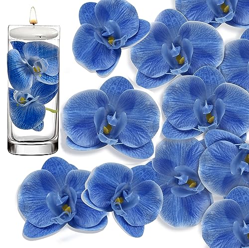 20 Pcs Blue Artificial Orchid Flower for Floating Candle Centerpieces, Faux Flower Head and stem DIY Crafts Bouquet for Bridal Bouquets Flower Arrangements Table Centers Home Decor. (Blue) - color: Blue