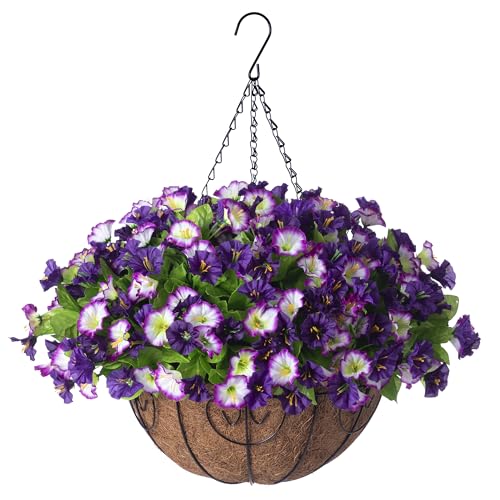 Ammyoo Artificial Hanging Flowers 12 inch Basket, Faux Silk Petunias Flower Arrangement,Coconut Lining Pot Planter with Morning Glories Patio Garden Porch Deck Spring Summer Decor(Purple Edge) - color: Purple Edge
