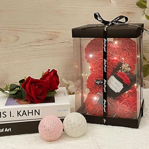 Romantic Valentines Day Gift for Her, Artificial Flowers Bouquet Necklace Rose Teddy Bear with Real Pearl Blind Box Birthday Gift, Valentiness Day Gift for Monther Wife Girl (Red) - color: Red