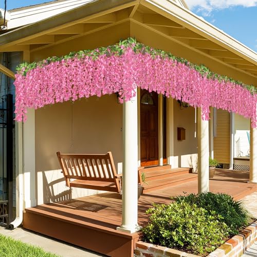 ARTKAIKE Artificial Flowers Garland for Home Decor, Fake Wisteria Vine Silk Hanging Plant Flower for Room Bathroom Wall Kitchen Bedroom Garden Outdoor Wedding Decor (4, Dark Pink) - color: Dark Pink