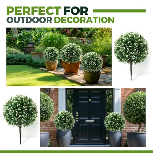 Lunmon 2 Pack 24" Artificial Topiary Ball Plants Trees with Flowers, Outdoor Fake Topiary Plants with Ground Spike, UV Resistant Faux Bushes for Indoor Outdoor Front Door Decor(White,Lavender) - color: White, style: Lavender