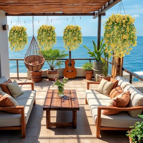 Suncalla 4 Pcs 30In Artificial Hanging Flowers for Outdoor Planter 156 Branches Trailing Faux Potted Plant Fake Floral UV & Fading Resistant for Wedding Patio Spring Summer Decor(Yellow) - color: Yellow