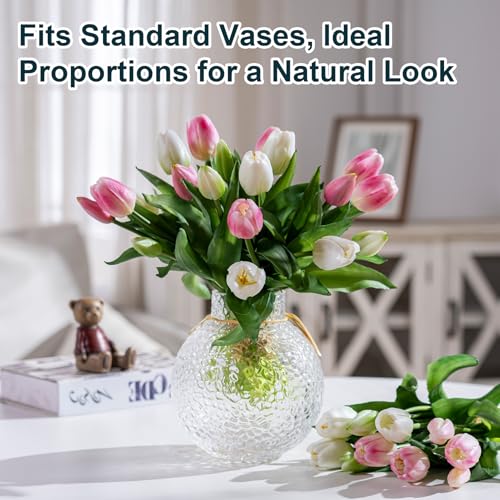 Bailikang 20PCS Fake Tulips Artificial Tulip Silk Flowers Fake PU Bouquet Artificial Flowers Faux Flowers with Gift Box Soft Faux Tulips Bouquets Arrangements for Party Wedding Home - color: White+pink