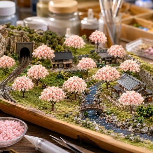 LOGOFUN 30pcs Miniature Cherry Blossom Trees | Mini Model Trees; For Train Railway Architecture Diorama Dollhosue Micro Landscape Sand Table Decor