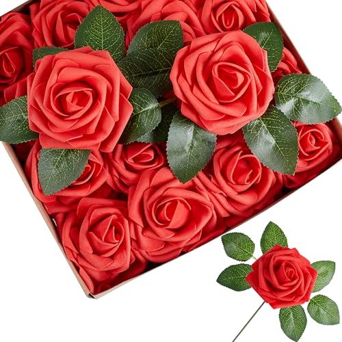 16 Pcs Fake Red Roses Artificial Flowers | Red Foam Roses with Stems, Artificial Flowers for DIY Wedding Bouquets, Centerpieces, Party, Home Decor - color: Red Flowers