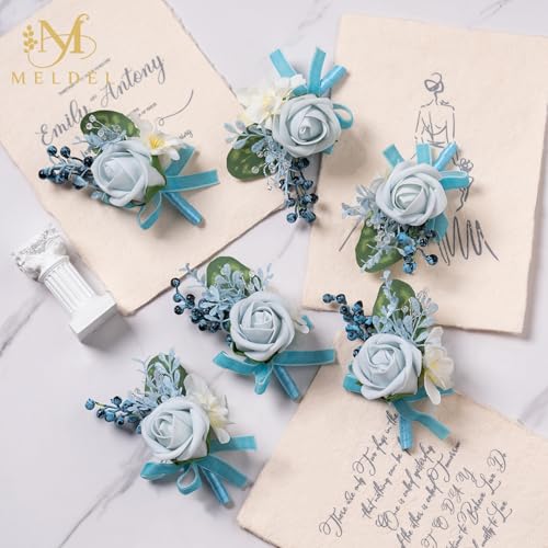 6Pcs Blue Artificial Foam Rose Men Boutonnieres for Wedding Prom | Blue Faux Foam Rose Boutonnieres for Wedding Prom Groom Groomsmen Party Homecoming Graduation Suit Decoration - color: 6pcs Blue-b Boutonniere
