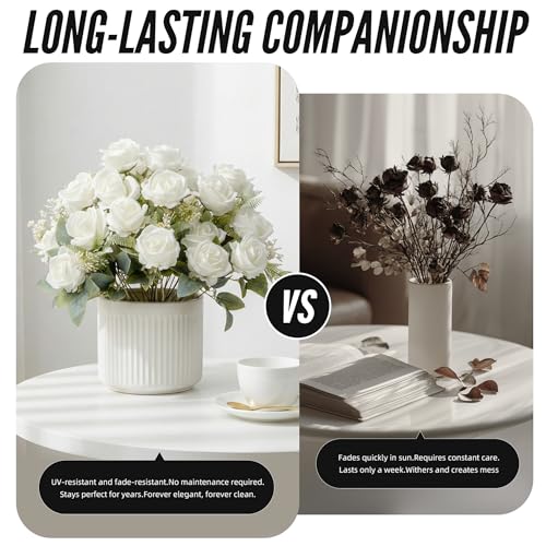 Fake Roses White Roses Artificial Roses Fake Rose Silk Roses Artificial Roses with Stems 24 Full Flower Heads Faux Roses for Indoor Centerpieces home Wedding Farmhouse Decoration No Vase (4PCS,White) - color: White 4pcs
