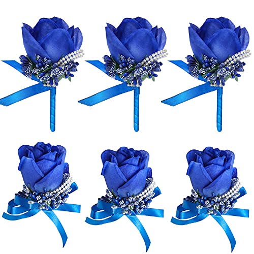 Wrist Corsage Boutonniere Set 6 PCS, Artificial Rose Bridesmaid Bride Corsage and Groom Men Boutonniere for Wedding Party Prom (Boutonniere Corsage- Royal Blue, 6 PCS) - color: Boutonniere Corsage- R Blue, size: 6 Packs