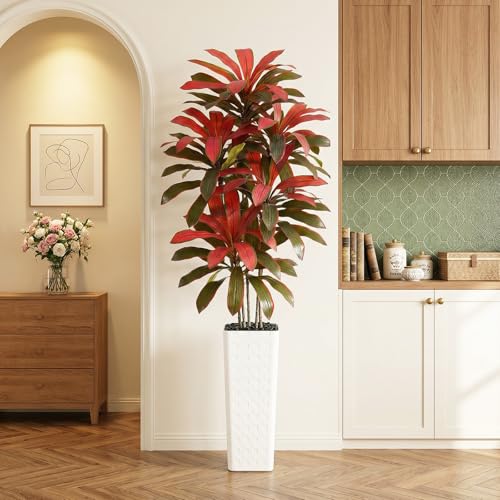 Artificial Dracaena Tree：7FT Faux Silk Tropical Yucca Floor Trees Realistic Fake Green Plant with Natural Wood Trunk & Lifelike Leaves for Home Office Decor Indoor & Outdoor (7FT,1-Pack,White) - color: Burgundy – White Pot, size: 7FT