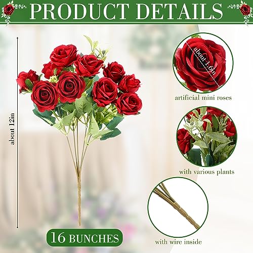 Zeyune 16 Bunches 12 Inch Red Artificial Mini Rose Bouquet, Total 160 Heads Fake Silk Rose Flowers Bulk, Bridal Bouquet for Wedding, Bridal Shower, Home & Office Table Decor - color: Red