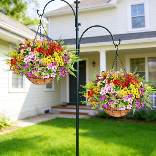 Elyum 2 Pack Artificial Hanging Flowers for Outdoors, UV Resistant Fake Flowers with Hanging Baskets, Artificial Flowers for Decoration Outdoors Garden, Spring Decor for Patio Porch(Mixed Color) - color: Red Pink Yellow Green, size: 2 Pack