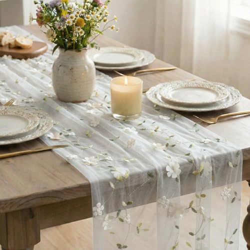 Artoid Mode Apricot 3D Flower Gauze Embroidery Table Runner 120 Inch 10FT, Tulle Seasonal Spring Kitchen Dining Holiday Table Decor for Home Party - color: White-apricot