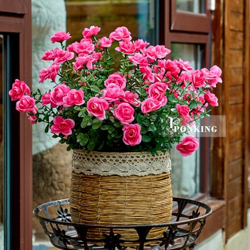 PONKING Artificial Flowers for Outdoors Patio Decoration 6 Bundles Fake Flower Rose UV Resistant Faux Plants Yard Garden Porch Home Boxwood Planter Patio Decor, Fuchsia Flower - color: D Fuchsia Rose 6pcs