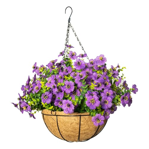 Artificial Hanging Flowers for Outdoors with Basket,UV Resistant Realistic Faux Hanging Plants Outdoor Artificial Flowers for Outdoors Basket for Yard Porch Patio Garden Home Decor,12 Bundles(Purple) - color: Purple