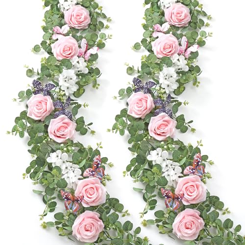 TOCHGREEN 2 Pack 5.9 Ft Artificial Fake Flower Garland Pink Rose Hydrangea Vines with 3D Butterfly Artificial Hanging Floral Greenery Eucalyptus Garland for Wedding Table Party Background Arch Decor - color: Pink