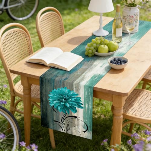 OYIMUA Soft Thick Chenille Teal and Grey Table Runner 72 Inches Long Vintage Abstract Painting Flowers Spring Summer Rustic Dining Table Decorations for Home Indoor Outdoor - size: 13" x 72", Table Runner, style: Teal