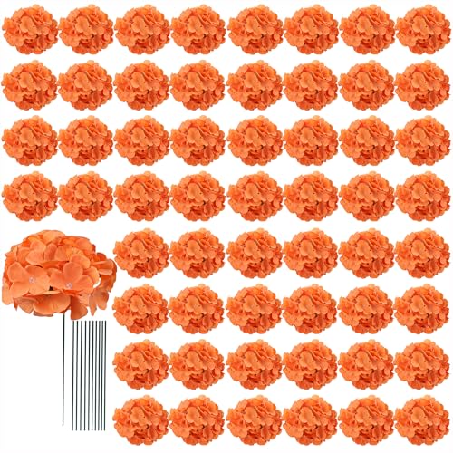AVIVIHO 65pcs Fake Flowers Orange Hydrangea Artificial Flowers Bulk (Not Squished, No Steaming Need) Silk Flowers with Stems for Wedding Decor,Home,Baby Shower,Table Centerpieces Decoration - color: Orange, size: Medium