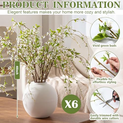 Zeyune 6 Pcs Artificial Blossom Branches with Green Buds 40" Faux Plastic Floral Plant Stem Picks Sprigs for Vase DIY Home Office Wedding Party Indoor Outdoor Summer Decor (Green, White Blossom) - color: Green, size: White Blossom