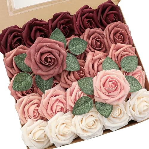 Artificial Flowers Roses with Stems for DIY Wedding Christmas Tree Bouquet Baby Shower Centerpiece Floral Arrangement Party Home Decor Mothers Day Decorations (Gradient Color Red, 25 Pieces) - color: Gradient Color Red, size: 25