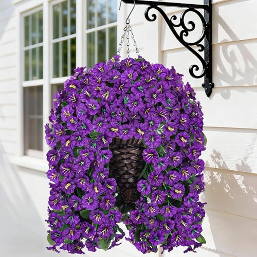 HyeFlora Artificial Faux Hanging Flowers Plants Basket for Outdoor Outside Porch Decoration, UV Resistant Fake Silk Purple Morning Glory Trailing Vines Realistic for Summer Home Balcony Yard Patio - color: Purple Morning Glory