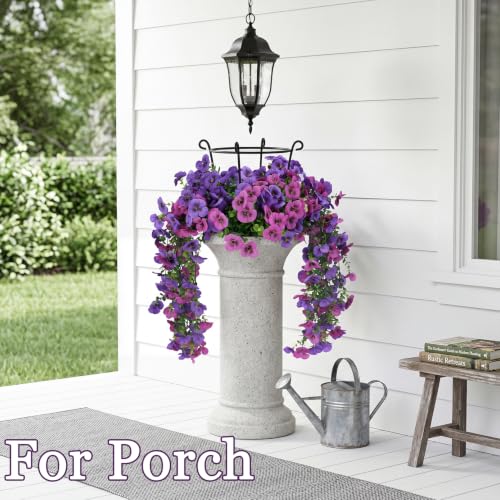Spring Porch Decor, 2 Pack Hanging Artificial Flowers Outdoor – Fake Orchids for Hanging Baskets, UV Resistant Faux Flowers for Front Porch, Tall Artificial Plants for Outdoor Planters（double purple） - color: Double Purple-2 Pack
