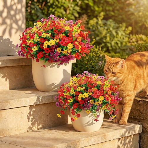 16 Bundles Artificial Flowers for Outdoors, Faux Plants Flowers, Silk Colorful Fake Flowers Eucalyptus Realistic UV Resistant for Outdoors Home Planter Porch Patio Yard Decor (16, Mixed 4 Colors) - color: Mixed 4 Colors