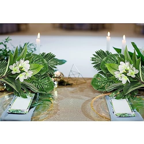 Crowye 10 Pcs Safari Decorations Include 2 Artificial Plumeria Frangipani Flower Bouquets 4 Artificial Palm Leaves with Faux Stems Tropical Plant Leaves 4 Fake Monstera Leaves Safari Leaves for Luau