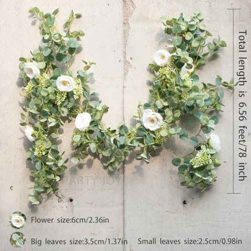 PARTY JOY 6.56ft Eucalyptus Garland with Flowers-8 White Roses, Artificial Fake Flowers Greenery Garland Floral Vines for Decoration Party Wedding Table Indoor Outdoor Backdrop Wall Decor(White) - color: White, size: 1PC