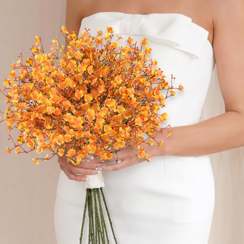 N&T NIETING 6Pcs Babys Breath Artificial Flowers,Real Touch Fake Orange Fall Flowers Faux Flowers Bouquets for Vase Home Office Wedding Autumn Winter Indoor Outdoor Centerpiece Table Decorations - color: Orange, size: 6PCS