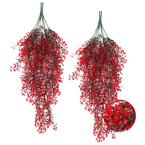 RECUTMS 4 Pcs Faux Hanging Vines Ferns Artificial Hanging Plants Fake Ivy Wall Plants Decoration for Summer Indoor Outdoor Patio Garden Wedding Graduation Balcony Christmas Party Home(Red) - color: Red-hanging