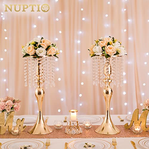 NUPTIO 10 Pcs 21.3 inches Tall Crystal Flower Stand Wedding Road Lead Tall Flower Holders Centerpiece Crystal Flower Chandelier Metal Flower Vase for Reception Tables Wedding Supplies - color: Gold, size: 10 x L
