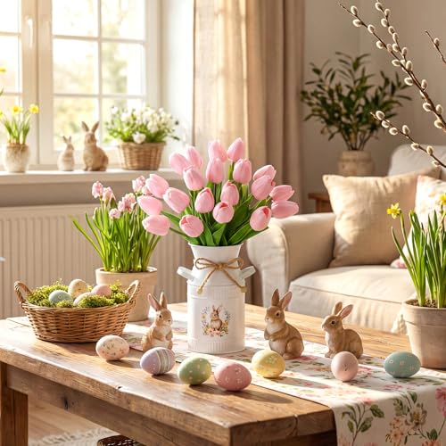 21 Pcs Artificial Tulip Centerpiece Decor with Vase Artificial Flower Bouquet Vintage Bunny Metal Flower Bucket Summer Tulip Floral for Party Spring Home Decor(Pink,Cute) - color: Pink, style: Cute