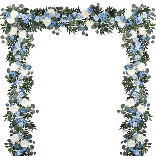 Lvydec 2 Pack Artificial Peony Flower Garland - 6ft Silk Peony Vine Willow Leaves and Eucalyptus Garland White Arch Flower Vine for Wedding Party Table Decoration (Blue) - color: Blue