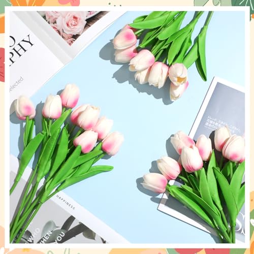 Jexine 100 Pcs Artificial Real Tulips Fake Artificial Tulip Flower Bulk Bouquet with Stem for Table Centerpieces Wedding Bridal Easter Mother's Day Garden Home Decor, 13.4''(Light Pink) - color: Light Pink