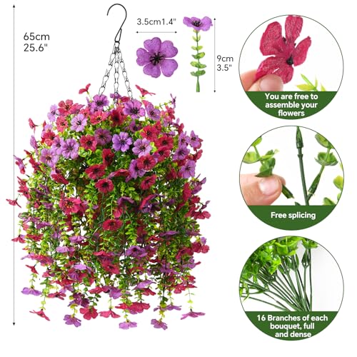 INQCMY Artificial Hanging Flowers with Basket for Spring Outdoor Decoration 3 Bunches of Silk Daisy Flower Uv Resistant for Garden Porch Patio Balcony Yard Decor (Purple Red) - color: Purple Red