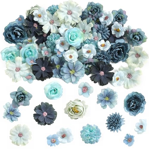 rongflower Faux Flower Heads Small Silk Artificial Flower DIY Fake Mini Flowers Rose Daisy Multicolor Flowers Craft Supplies for Wedding Party Wreath Graduation Season Party Home Decor (45, Blue) - color: Blue