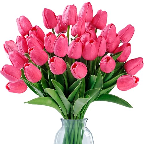 Sggvecsy 30 Pcs Fake Tulips Artificial Flowers Real Touch PU Faux Flowers Tulip Stems for Wedding Spring Bouquet Floral Arrangement Home Party Office Decorations for Mother's Day (Dark Pink) - color: Dark Pink, size: 30 Pcs