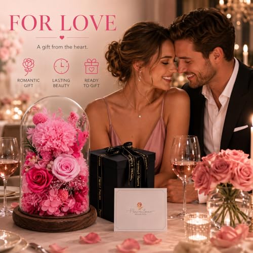 Preserved Flowers in Glass, Eternal Real Flowers with 1 Carnation & 2 Pink Roses for Women Mom Grandma Forever Rose Bouquet for Anniversary Birthday Mother's Day Lasts 3-5 Years(No Lights) - color: Light Pink