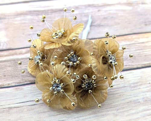 72PC Artificial Organza Flower Rhinestone Pick for Home Craft Decor DIY Wedding Bridal Veil Headband Dress Cake Topper Embellishment Scrapbook Favor Corsage Floral Bouquet Arrangement (Gold) - color: Gold