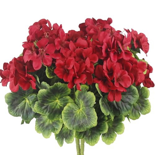 2 Pcs Artificial Geraniums for Outdoor Silk Geranium Flowers Red Artificial Geranium Bush Faux Flowers Geraniums Branch for Garden Patio Grave Cemetary Vase Table Centerpiece Indoor Decor - color: Red