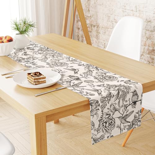 JarThenaAMCS Black Floral Birds Table Runner Vintage Flower Kitchen Dining Table Decoration Table Cover for Indoor Outdoor Home Party Supplies, 13 x 72 Inch