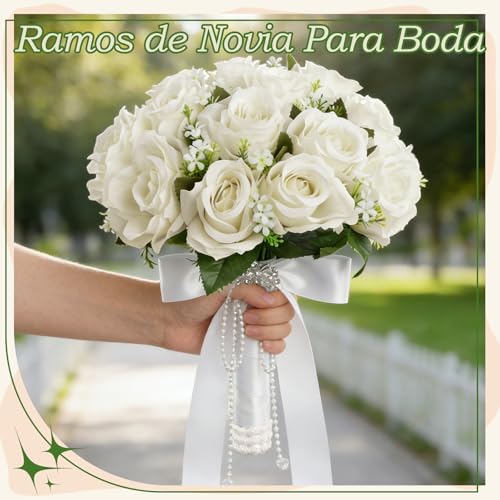 Wowagoga 12 Inch Wedding Bouquet with Pearl Crystals Ribbons,Artificial Rose Flower for Bride Bridesmaids Artificial Fake Flowers Fake Flowers Toss Bouquet for Wedding Party Church(White)