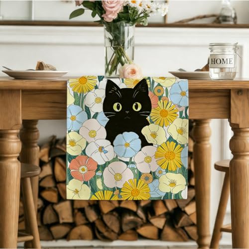 Black Cat Spring Table Runners Floral Spring Table Runner for Home Cat Floral Decorations for Home Office Kitchen Living Room Apartment Farmhouse 13 x 72 Inch - color: Black Cat 05