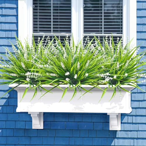 10 Pcs Artificial Plants Outdoor, UV Resistant Fake Outdoor Flowers Plants Faux Plastic Monkey Grass for Outside Front Porch Garden Window Box Home Office Planters Desk Decor (White) - color: White, size: 10pcs