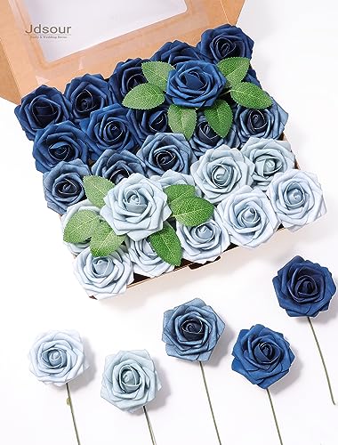 25pcs Artificial Flower，Real Looking Foam Roses w/Stem for DIY Wedding Bouquets Centerpieces Bridal Shower Party Decor-Shades of Navy Blue - color: Shades of Navy Blue