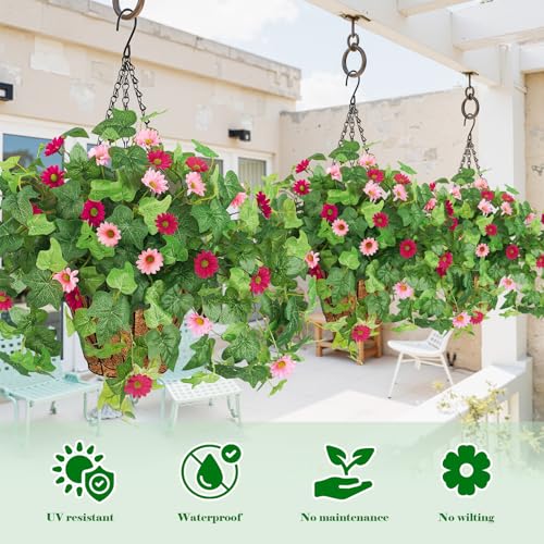 Krissing 2 Pack Artificial Hanging Flowers with Baskets for Outdoors UV Resistant Faux Ivy Plants Greenery Fake Silk Daisy Flowers for Outdside Porch Balcony Summer Home Decor (Rose Red, Pink) - color: Hot Pink+pink, size: 6pcs with 2 baskets