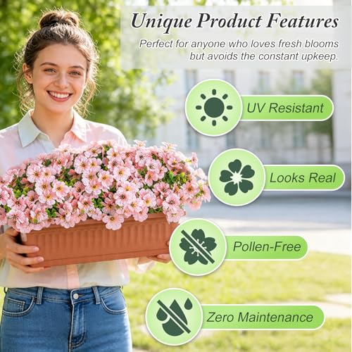 Artificial Flowers for Outdoors Decoration for UV Resistant Silk,16 Bundles | Artificial Violet Flowers for Outdoor Decor, Realistic Fake Plants for Porch,Garden,Window Box,All Pink - color: Pink