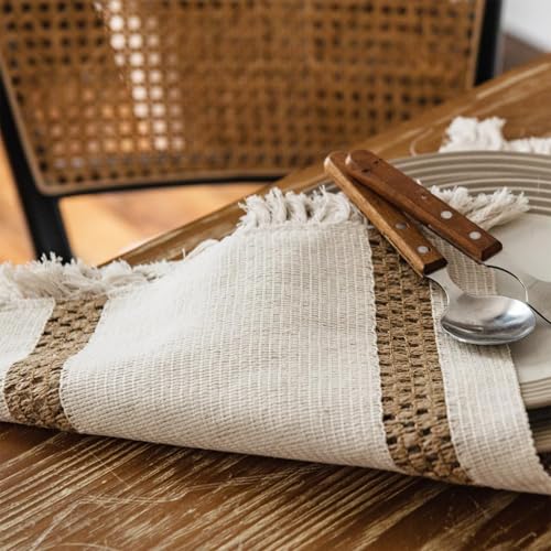 Niviy Boho Placemats Set of 4, 12x18 Inch Natural Cotton Burlap and Kitchen Woven Thanksgiving Placemats with Tassels for Dining Table Centerpiece Home Decorations - color: Beige & Brown, size: 12" x 18", Set of 4