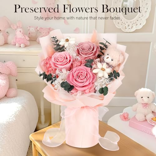 Preserved Flowers Bouquet with Bear, 3 Real Forever Flowers for Delivery, Long-Lasting Pink Eteranl Roses Bouquet, Anniversary Birthday Gifts for Women Mom Her Girlfriend Wife - color: Pink